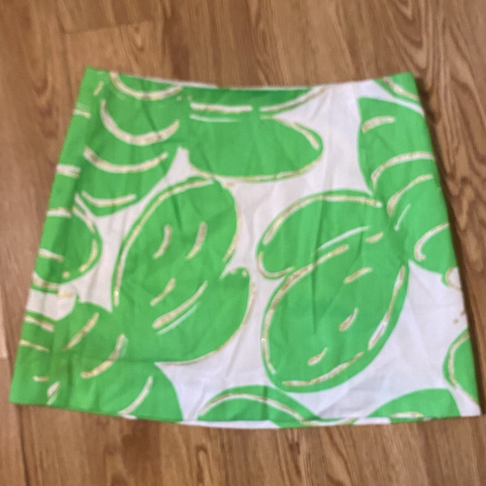 Lilly Pulitzer Skirt Size 00 Lime Green Gold Swirl Stinger Pattern Back Zipper J